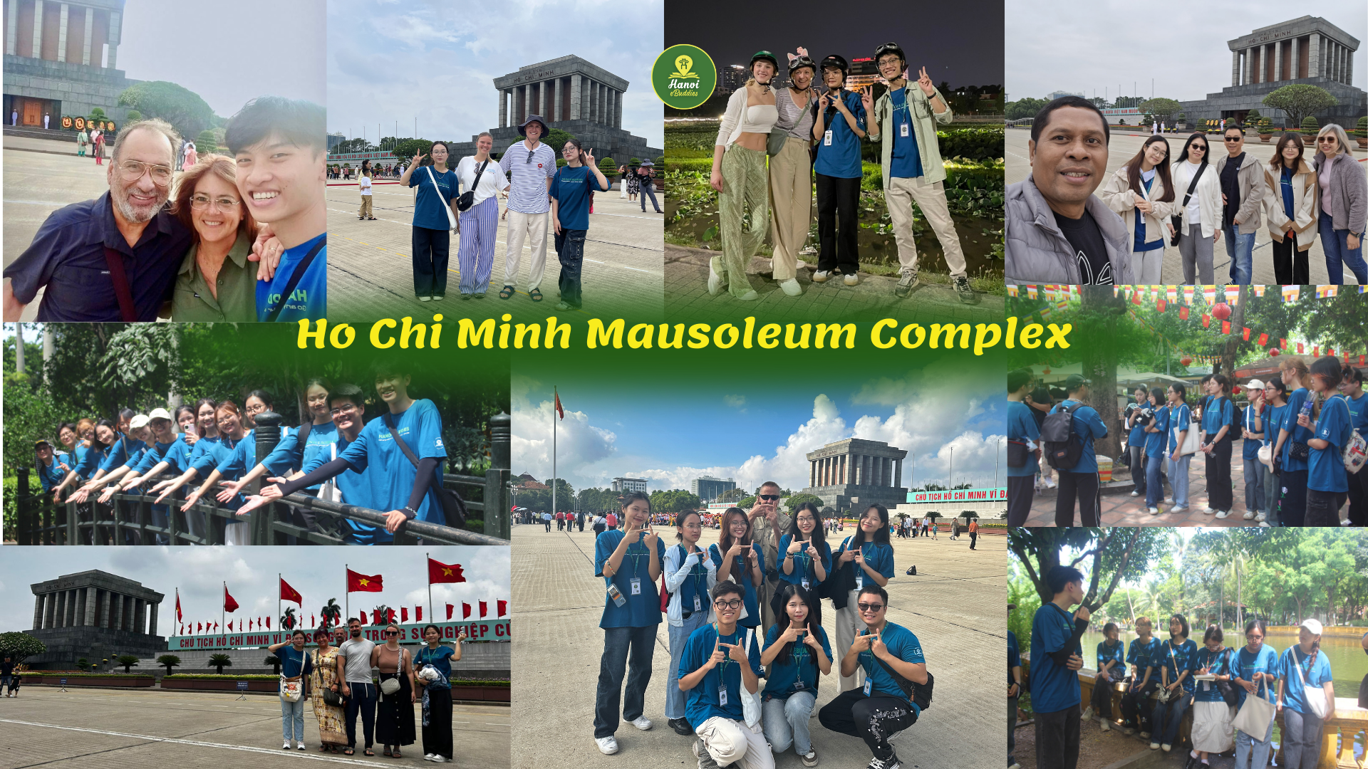 Hanoi e.Buddies tour guides and tourists visiting the Ho Chi Minh Mausoleum Complex, including Ba Dinh Square and surrounding historic sites in Hanoi.