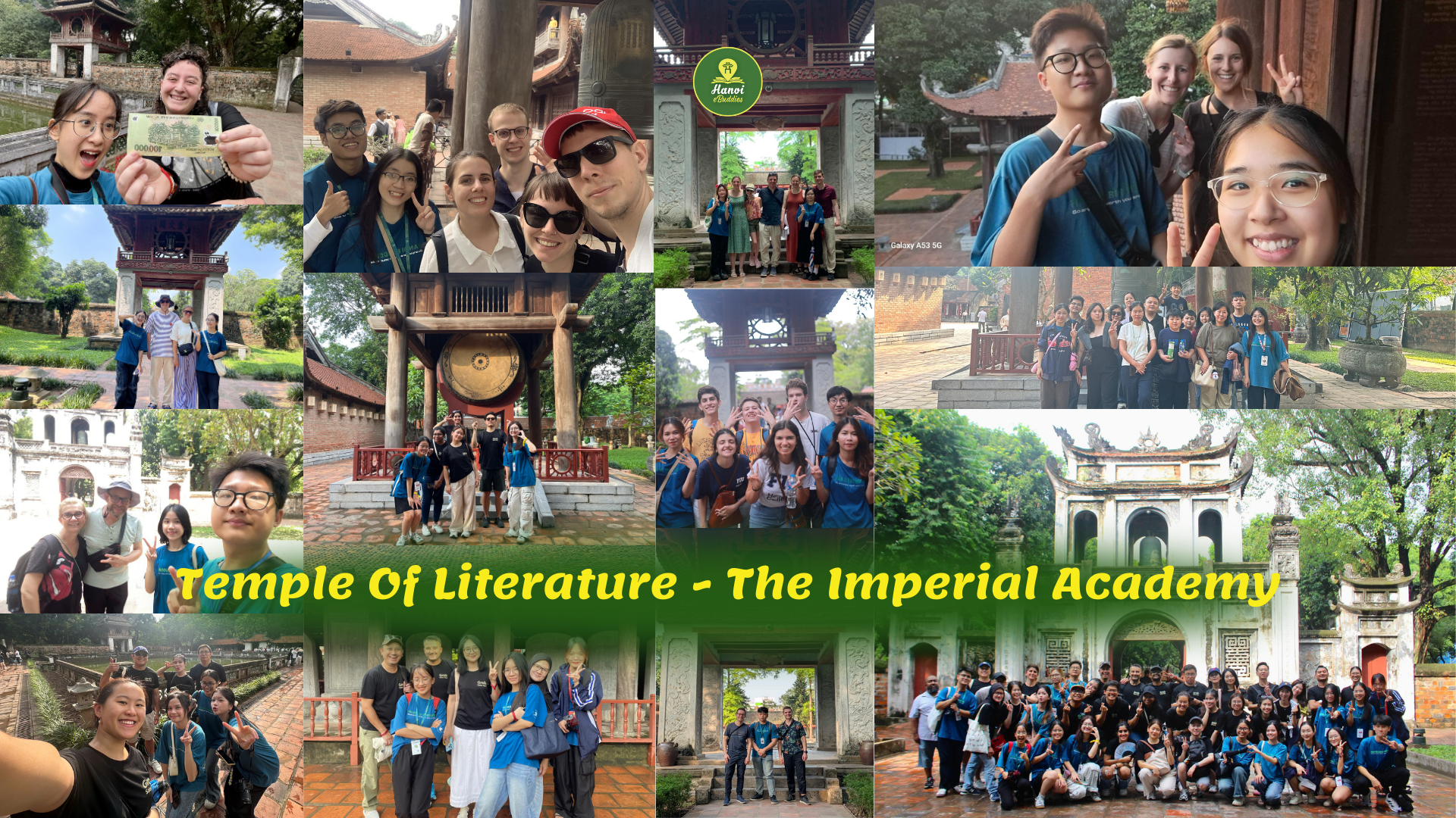 Hanoi e.Buddies student guides and international tourists exploring the Temple of Literature – The Imperial Academy during a Hanoi City tour.