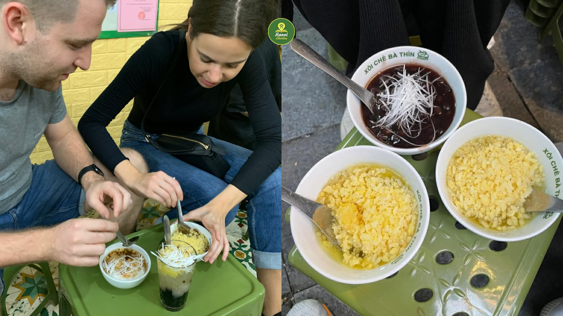 An Austrian couple tried famous sweet desserts at Xôi chè bà Thìn during Hanoi e.Buddies' food tour
